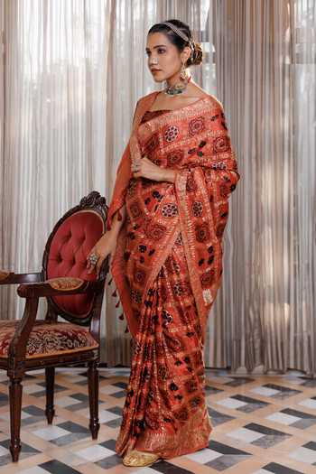 Geroo Jaipur_Peach Silk, Modal One Shoulder Ajrakh Printed Saree Set _at_Aza_Fashions