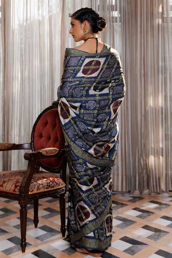 Shop_Geroo Jaipur_Blue Silk, Modal One Shoulder Ajrakh Hand Block Print Saree Set _at_Aza_Fashions