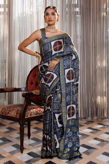 Buy_Geroo Jaipur_Blue Silk, Modal One Shoulder Ajrakh Hand Block Print Saree Set _at_Aza_Fashions