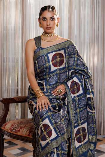 Geroo Jaipur_Blue Silk, Modal One Shoulder Ajrakh Hand Block Print Saree Set _Online_at_Aza_Fashions