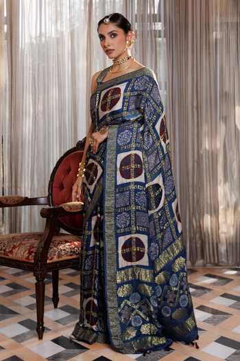 Buy_Geroo Jaipur_Blue Silk, Modal One Shoulder Ajrakh Hand Block Print Saree Set _Online_at_Aza_Fashions