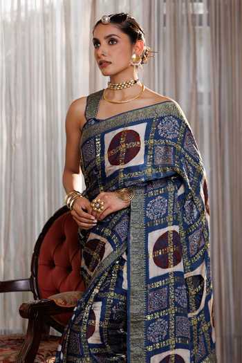 Shop_Geroo Jaipur_Blue Silk, Modal One Shoulder Ajrakh Hand Block Print Saree Set _Online_at_Aza_Fashions
