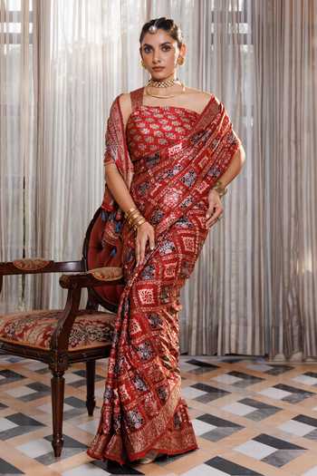 Geroo Jaipur_Maroon Silk, Modal One Shoulder Ajrakh Printed Saree Set _Online_at_Aza_Fashions
