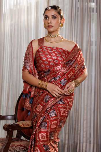 Buy_Geroo Jaipur_Maroon Silk, Modal One Shoulder Ajrakh Printed Saree Set _Online_at_Aza_Fashions