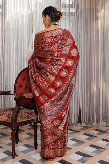 Shop_Geroo Jaipur_Maroon Silk, Modal One Shoulder Ajrakh Printed Saree Set _at_Aza_Fashions