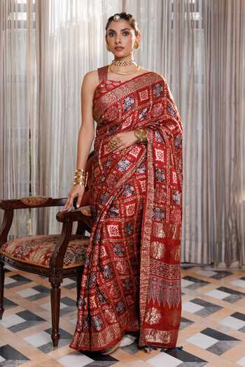 Shop_Geroo Jaipur_Maroon Silk, Modal One Shoulder Ajrakh Printed Saree Set _Online_at_Aza_Fashions