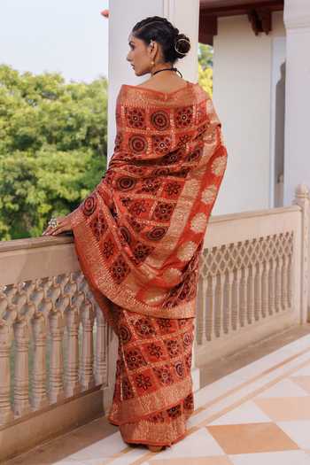 Shop_Geroo Jaipur_Red Silk, Modal One Shoulder Ajrakh Saree Set _at_Aza_Fashions