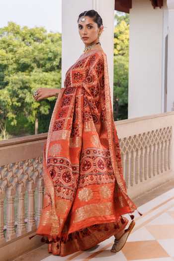 Geroo Jaipur_Red Silk, Modal One Shoulder Ajrakh Saree Set _Online_at_Aza_Fashions