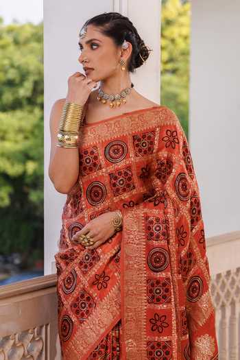 Buy_Geroo Jaipur_Red Silk, Modal One Shoulder Ajrakh Saree Set _Online_at_Aza_Fashions