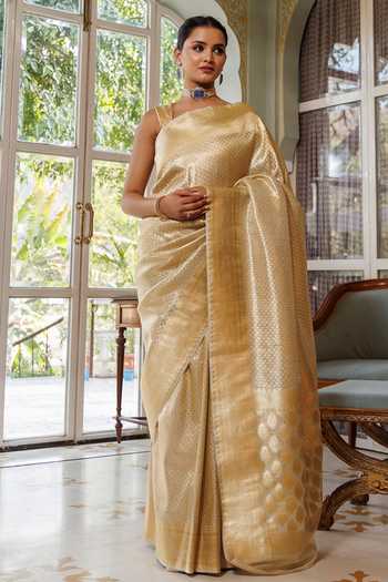 Buy_Geroo Jaipur_Gold Tissue Banarasi Saree Set _Online_at_Aza_Fashions