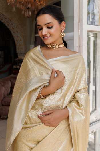 Shop_Geroo Jaipur_Gold Tissue One Shoulder Zari Work Saree Set _Online_at_Aza_Fashions