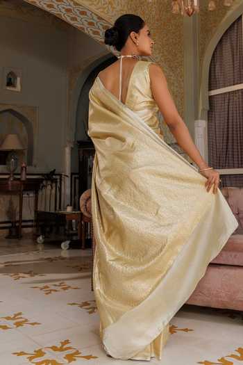 Shop_Geroo Jaipur_Gold Tissue V-neck Banarasi Saree Set _at_Aza_Fashions