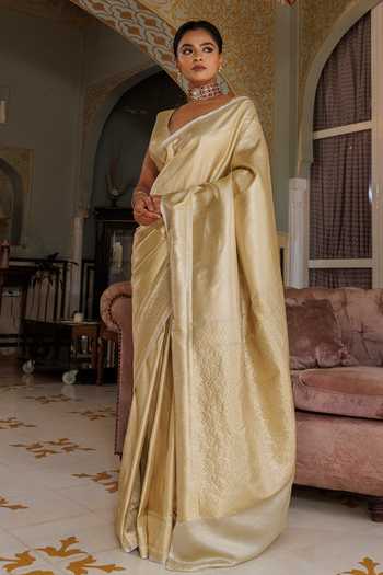 Buy_Geroo Jaipur_Gold Tissue V-neck Banarasi Saree Set _Online_at_Aza_Fashions