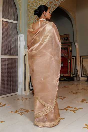 Shop_Geroo Jaipur_Pink Tissue V-neck Gota Patti Banarasi Saree Set _at_Aza_Fashions
