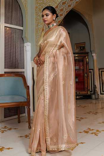 Buy_Geroo Jaipur_Pink Tissue V-neck Gota Patti Banarasi Saree Set _Online_at_Aza_Fashions