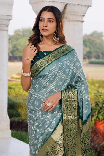 Geroo Jaipur_Green Silk Square Neck Gajji Saree Set _Online_at_Aza_Fashions
