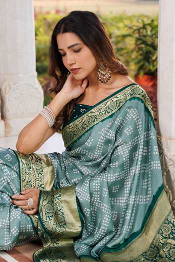 Shop_Geroo Jaipur_Green Silk Square Neck Gajji Saree Set _Online_at_Aza_Fashions
