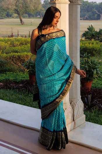 Shop_Geroo Jaipur_Turquoise Silk One Shoulder Gajji Saree Set _Online_at_Aza_Fashions