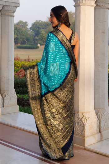Shop_Geroo Jaipur_Turquoise Silk One Shoulder Gajji Saree Set _at_Aza_Fashions