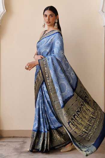 Buy_Geroo Jaipur_Grey Silk One Shoulder Zari Border Saree Set _Online_at_Aza_Fashions