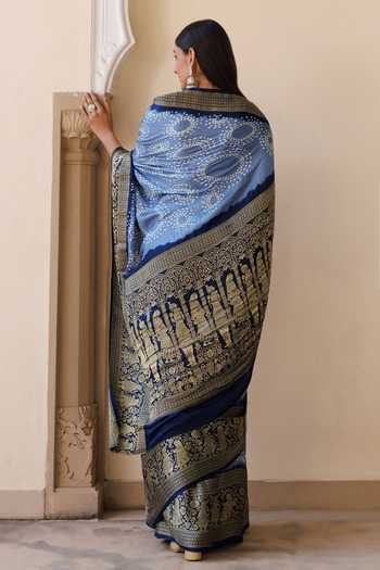 Shop_Geroo Jaipur_Grey Silk One Shoulder Zari Border Saree Set _at_Aza_Fashions