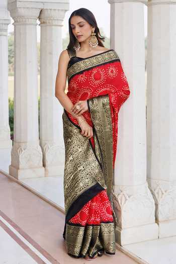 Geroo Jaipur_Red Silk Bandhani Gajji Saree Set _Online_at_Aza_Fashions