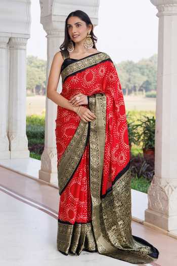 Buy_Geroo Jaipur_Red Silk Bandhani Gajji Saree Set _at_Aza_Fashions
