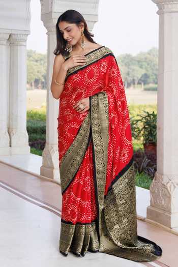 Buy_Geroo Jaipur_Red Silk Bandhani Gajji Saree Set _Online_at_Aza_Fashions