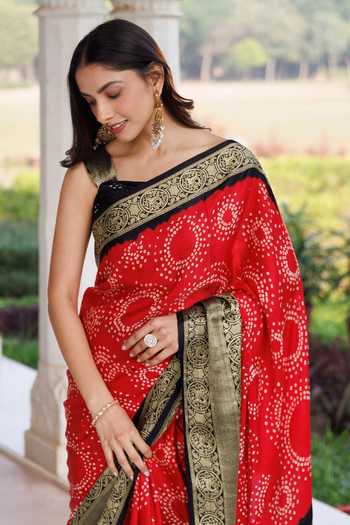 Shop_Geroo Jaipur_Red Silk Bandhani Gajji Saree Set _Online_at_Aza_Fashions