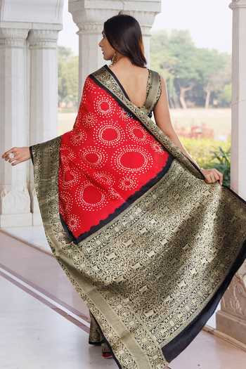 Shop_Geroo Jaipur_Red Silk Bandhani Gajji Saree Set _at_Aza_Fashions