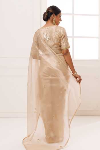 Shop_Geroo Jaipur_Gold Tissue Round Neck Pure Saree Set _at_Aza_Fashions