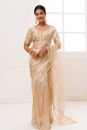 Buy_Geroo Jaipur_Gold Tissue Round Neck Pure Saree Set _at_Aza_Fashions