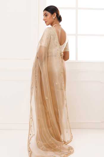 Shop_Geroo Jaipur_Gold Tissue Round Neck Gota Patti Pure Saree Set _at_Aza_Fashions