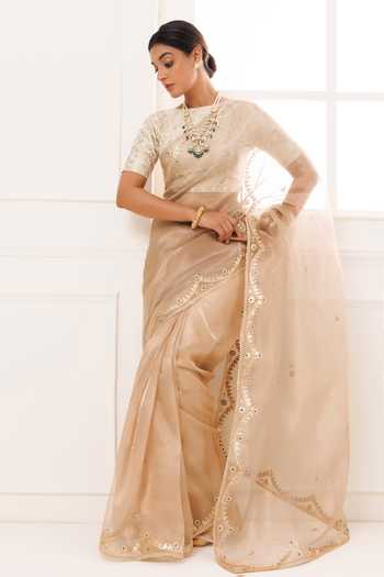 Buy_Geroo Jaipur_Gold Tissue Round Neck Gota Patti Pure Saree Set _Online_at_Aza_Fashions