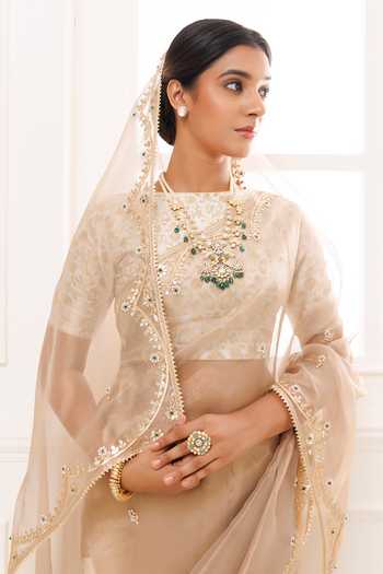 Shop_Geroo Jaipur_Gold Tissue Round Neck Gota Patti Pure Saree Set _Online_at_Aza_Fashions