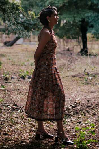 Shop_Jodi_Brown Voile Mandarin Collar Choras Day Dress _at_Aza_Fashions