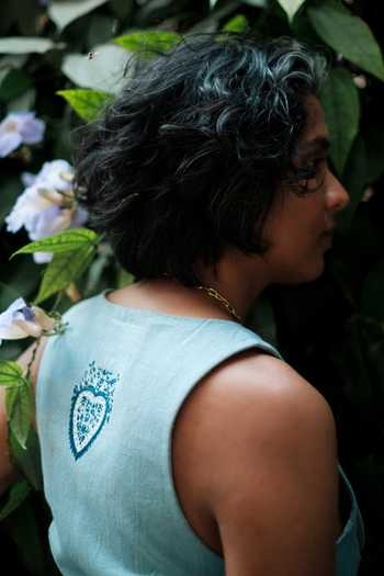 Jodi_Blue Denim Round Neck Handloom Koti Waistcoat _Online_at_Aza_Fashions