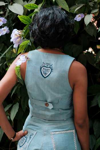 Buy_Jodi_Blue Denim Round Neck Handloom Koti Waistcoat _Online_at_Aza_Fashions