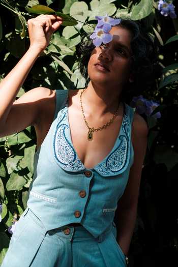 Buy_Jodi_Blue Denim Round Neck Handloom Koti Waistcoat _at_Aza_Fashions
