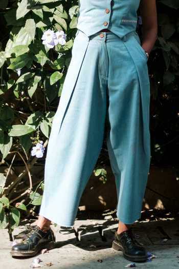 Jodi_Blue Denim Handloom Pleated Trouser _Online_at_Aza_Fashions
