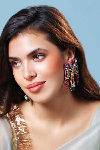 Shop_Krutiarts_Multi Color Gayatri Dual Sparrow Embroidered Earrings _at_Aza_Fashions