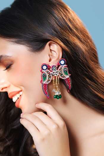 Shop_Krutiarts_Multi Color Gayatri Dual Sparrow Embroidered Earrings _Online_at_Aza_Fashions