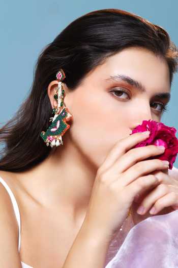 Shop_Krutiarts_Green Rajyashree Parrot Embroidered Earrings _at_Aza_Fashions