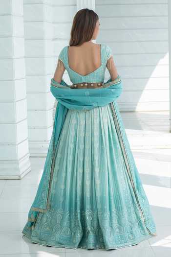Shop_Monk & Mei By Sonia Anand_Blue Organza, Georgette, Florance Chikankari Embroidered Ombre Lehenga Set _at_Aza_Fashions