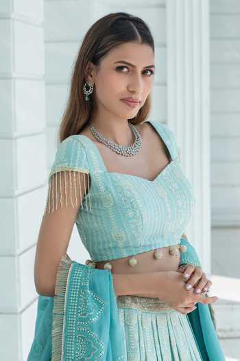 Monk & Mei By Sonia Anand_Blue Organza, Georgette, Florance Chikankari Embroidered Ombre Lehenga Set _Online_at_Aza_Fashions