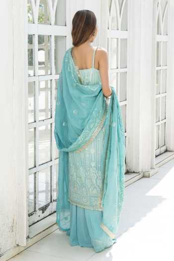 Shop_Monk & Mei By Sonia Anand_Blue Organza, Georgette Square Neck, Yes Poppy Chikankari Kurta Sharara Set _at_Aza_Fashions
