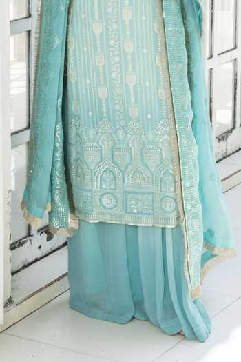 Monk & Mei By Sonia Anand_Blue Organza, Georgette Square Neck, Yes Poppy Chikankari Kurta Sharara Set _Online_at_Aza_Fashions