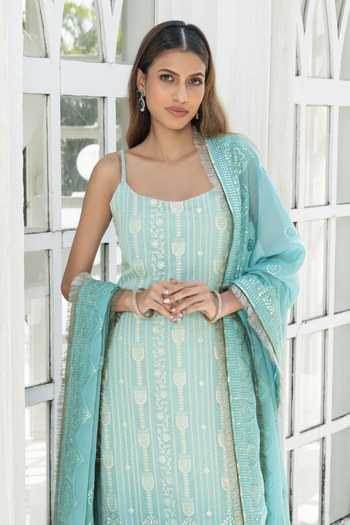 Buy_Monk & Mei By Sonia Anand_Blue Organza, Georgette Square Neck, Yes Poppy Chikankari Kurta Sharara Set _Online_at_Aza_Fashions
