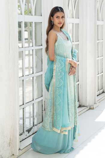 Shop_Monk & Mei By Sonia Anand_Blue Organza, Georgette Square Neck, Yes Poppy Chikankari Kurta Sharara Set _Online_at_Aza_Fashions