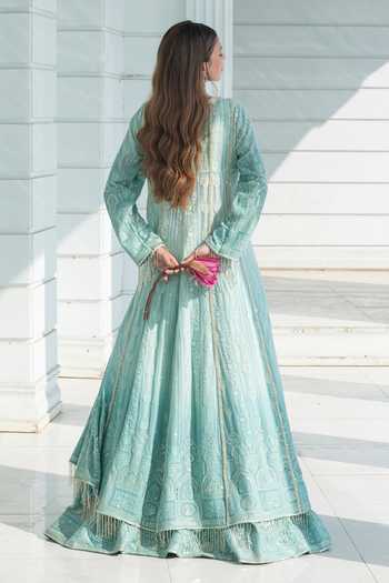 Monk & Mei By Sonia Anand_Blue Organza, Georgette V-neck Chikankari Lehenga Cape Set _Online_at_Aza_Fashions